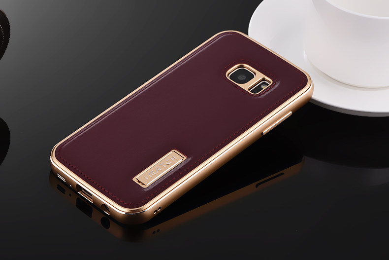 iMatch Luxury Aluminum Metal Bumper Premium Genuine Leather Back Cover Case for Samsung Galaxy S7 Edge G9350 & S7 G9300
