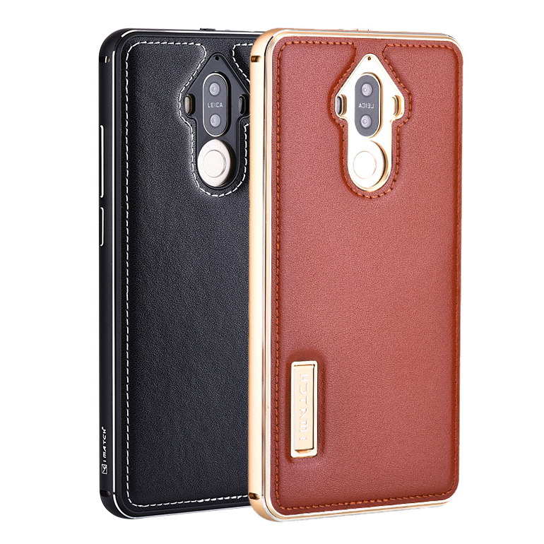 iMatch Luxury Aluminum Metal Bumper Premium Genuine Leather Back Cover Case for Huawei Mate 9