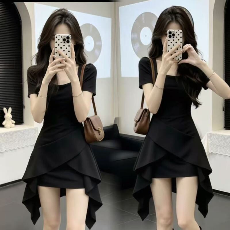 Hepburn-Style Black Asymmetrical Dress for Women, New Summer Style, High-End, Elegant, Socialite, Waist-Cinching, Slimming Short Skirt