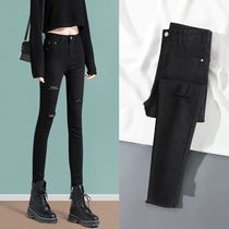 High waist black hole jeans Women summer tight feet spring and autumn 2021 New thin pencil ankle-length pants