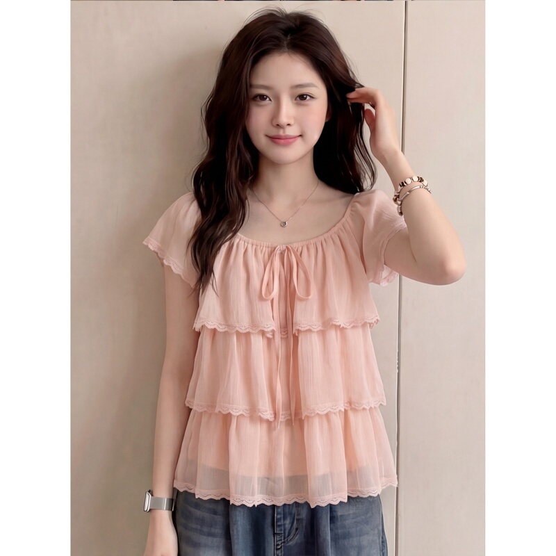Sweet Style Ruffled Lace Blouse for Women 2026 New Model Super Pretty Small Flying Sleeve Mesh Shirt Loose Top