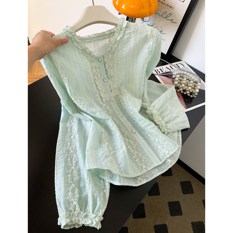Mint Mambo Style Green Ruffled V-Neck Shirt for Women 2026 New Model, Super Pretty, Age-Reducing, Elegant Long-Sleeve Blouse