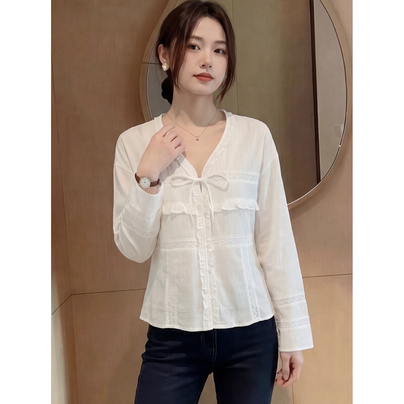 Lace V-Neck Blouse with Ruffled Edges, Women's Summer Design, Lightweight and Sheer, Hollow-Out Sun-Protective Long-Sleeve Shirt