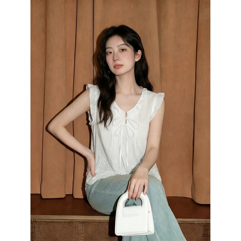 French Resort-Style White Hollow-Out Embroidered Shirt for Women, Summer Design, Sleeveless Vest Top, Super Stylish Blouse