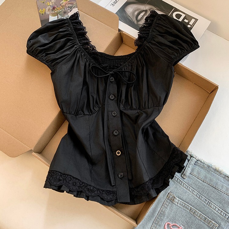 Black Lace Patchwork One-Shoulder Shirt for Women, New Summer Style, Pure and Sexy, Ruched Off-Shoulder Short Blouse Top