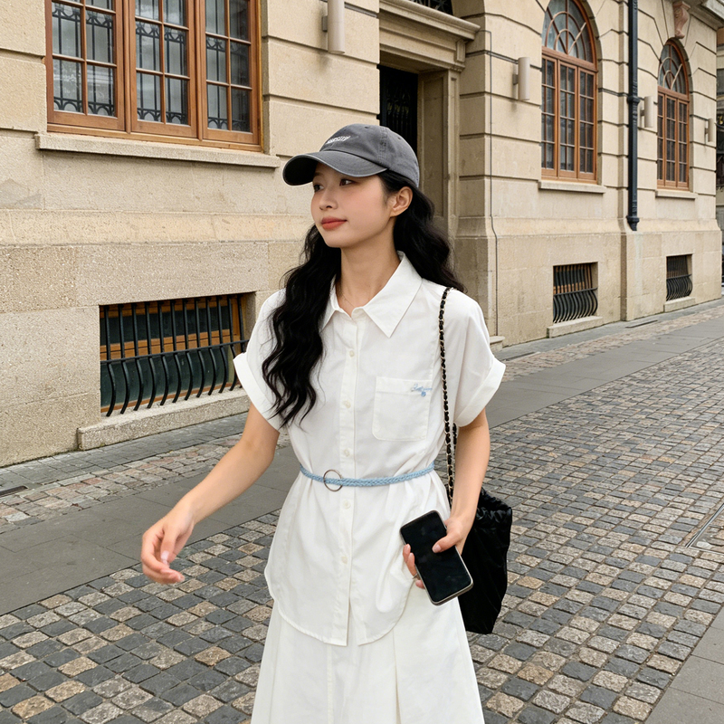 Korean Style Belted Short-Sleeved Shirt for Women, New Summer Design, Niche, Stylish, Versatile, Embroidered Mid-Length Top