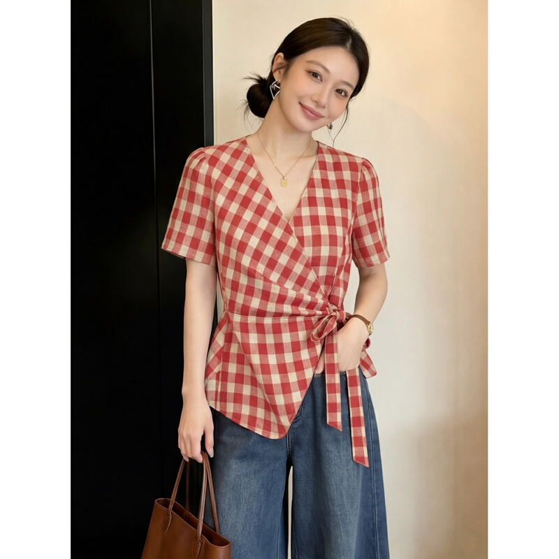 French Retro Red and White Plaid V-Neck Wrap-Style Shirt for Women 2026 New Summer Style Waist-Cinching Tie Design Top