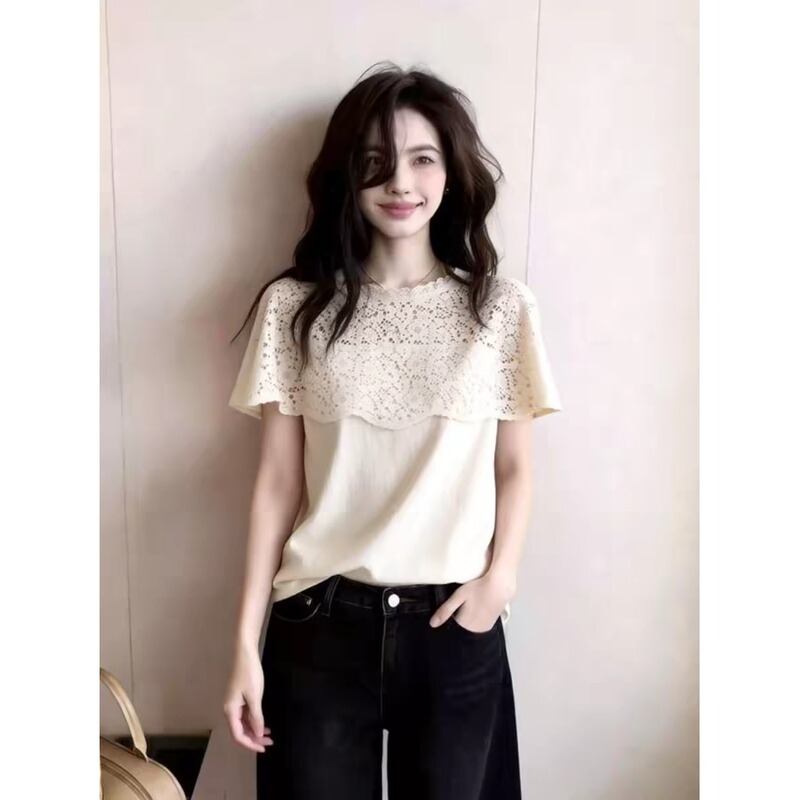 French-Style Lace Hollow-Out Faux Two-Piece Short-Sleeve T-Shirt for Women, New Summer Model, Unique and Stunningly Beautiful Shawl Top