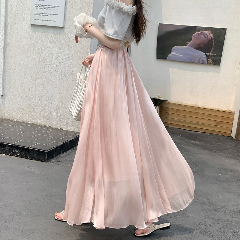 Pink Flowing Chiffon Pleated Skirt for Women, New Summer Style, High-Waisted, Slimming, Drapey A-Line Umbrella Skirt with a Large Hem