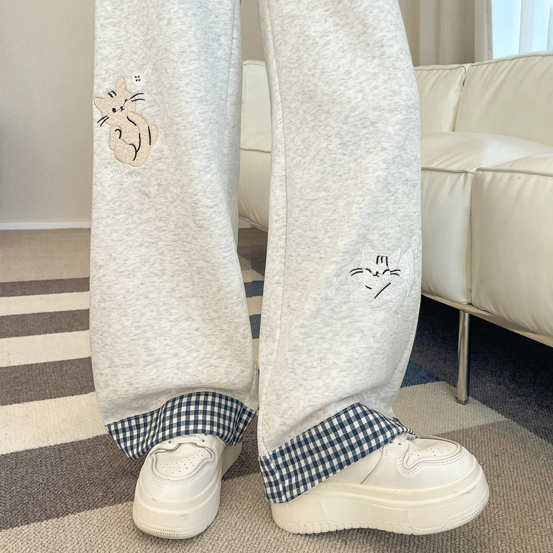 Cartoon Print Sports Sweatpants for Women 2026 Spring/Summer New Style Color-Blocking Versatile Petite Lazy Style Casual Wide-Leg Pants