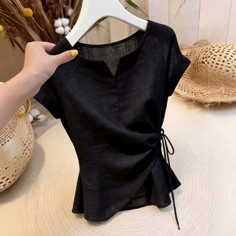 French-Style High-End Black Short-Sleeved Top for Women, Summer Commuter Style, Design with Tie Waist, Irregular Shirt