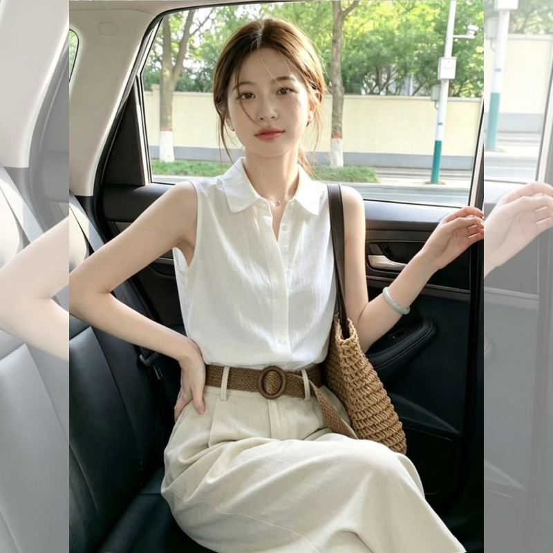 Old Money Style White Polo Collar Linen Sleeveless Shirt for Women, Summer Thin Minimalist Fashion Ramie High-End Cotton-Linen Top