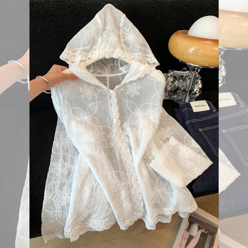 French-Style Heavy Embroidery Hooded White Shirt for Women, Summer Lightweight Sun-Protection Relaxed Versatile Loose Jacket Top