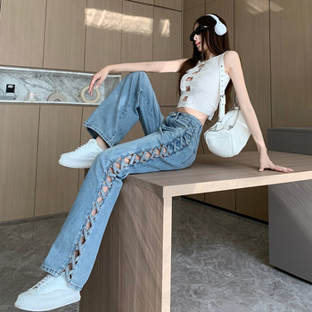 European station design sense side woven hollow wide-leg jeans women's spring and summer high waist loose slim mopping trousers