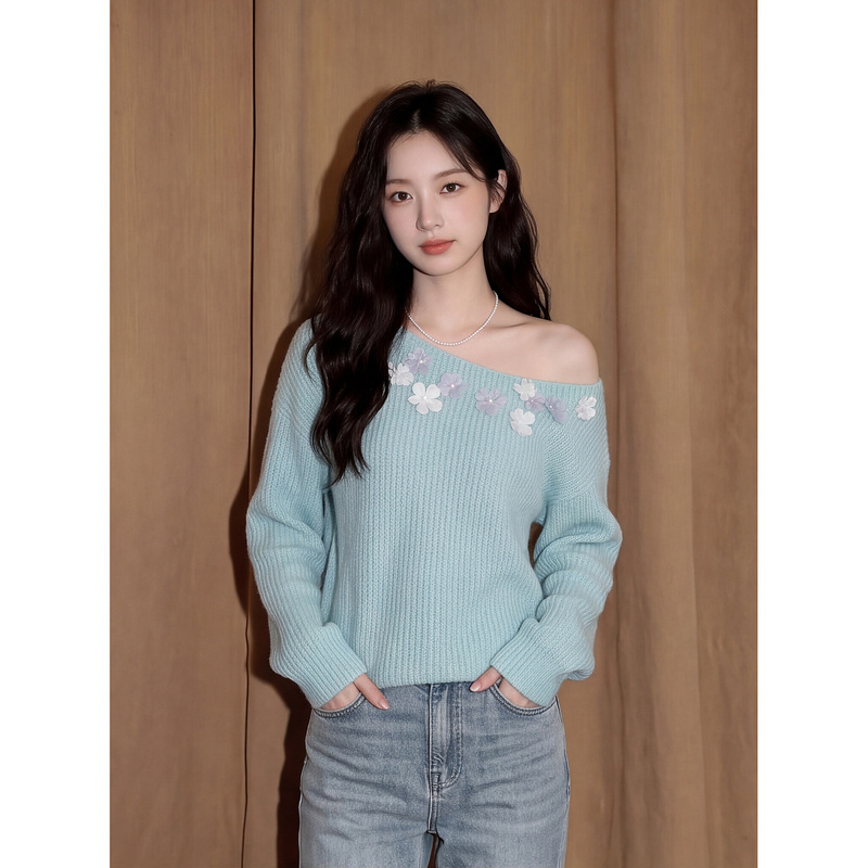 Blue Off-The-Shoulder Knit Sweater for Women, Autumn Gentle Style, Loose Fit, Floral Embroidery, Long-Sleeve Pullover Sweater Top Blue Off-The-Shoulder Knit Sweater for Women, Autumn Gentle Style, Loose Fit, Floral Embroidery, Long-Sleeve Pullover Sweater Top