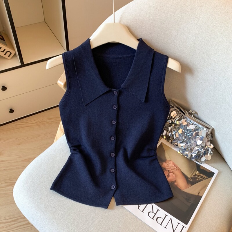 Navy Blue Polo Collar Vest for Women, Summer Single-Breasted Knitted Vest, High-End, Sophisticated, Sleeveless, Waist-Cinching Top
