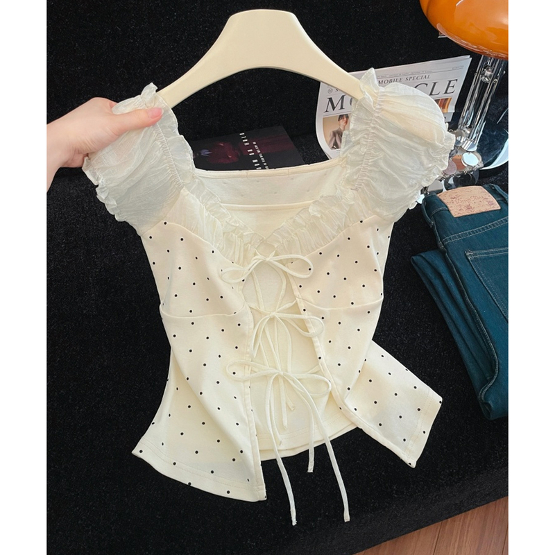 Korean Style Petite Two-Piece Look Polka Dot Short-Sleeve Top for Women, Summer Niche Design Lace Patchwork Tie-Up T-Shirt