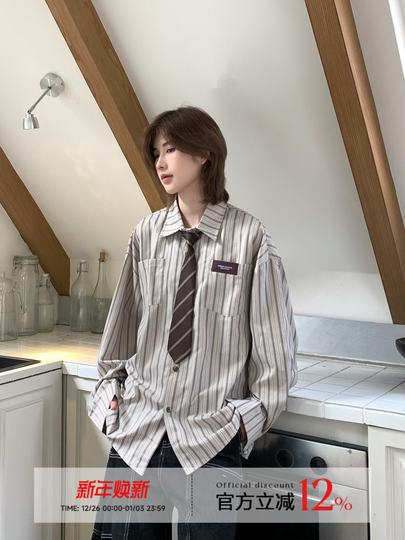 Ja1 Never Stays up Late Japanese Retro Hong Kong Style Striped Shirt Women's Short-Sleeved Youthful Unisex Loose Top Men's