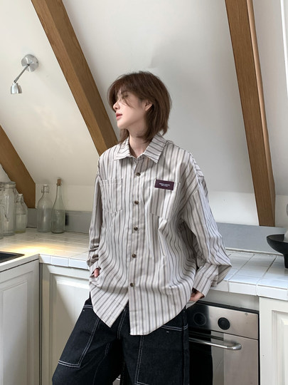 Ja1 Never Stays up Late Japanese Retro Hong Kong Style Striped Shirt Women's Short-Sleeved Youthful Unisex Loose Top Men's