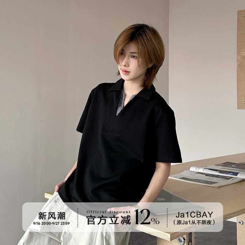 Ja1 Never Stays up Late Japanese-Style Fake Two-Piece Plaid Patchwork Regular Shoulder T-Shirt Unisex Style Solid Color Cool Short-Sleeved V-Neck Ja1 Never Stays up Late Japanese-Style Fake Two-Piece Plaid Patchwork Regular Shoulder T-Shirt Unisex Style Solid Color Cool Short-Sleeved V-Neck