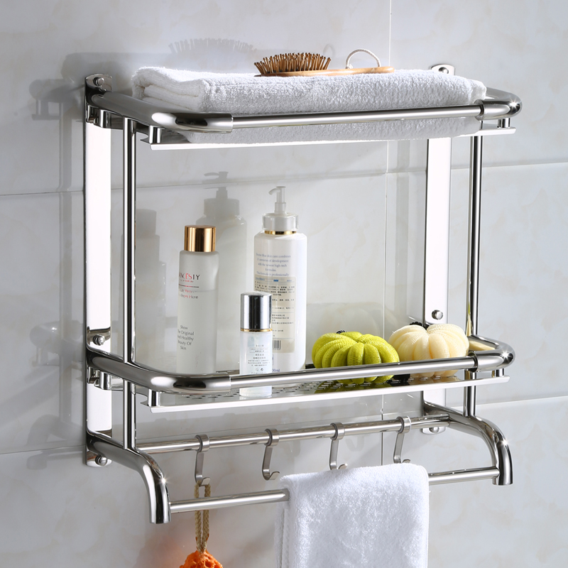 Stainless steel bath towel rack Towel rack Powder room 1-3 layers of high and wide double-layer shelf Hardware pendant punching