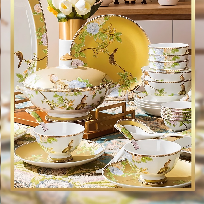 【Premium Product】Jingdezhen Bowl and Plate Set for New Wedding or Housewarming, Bone China with Enamel Color, Microwave Safe Tableware