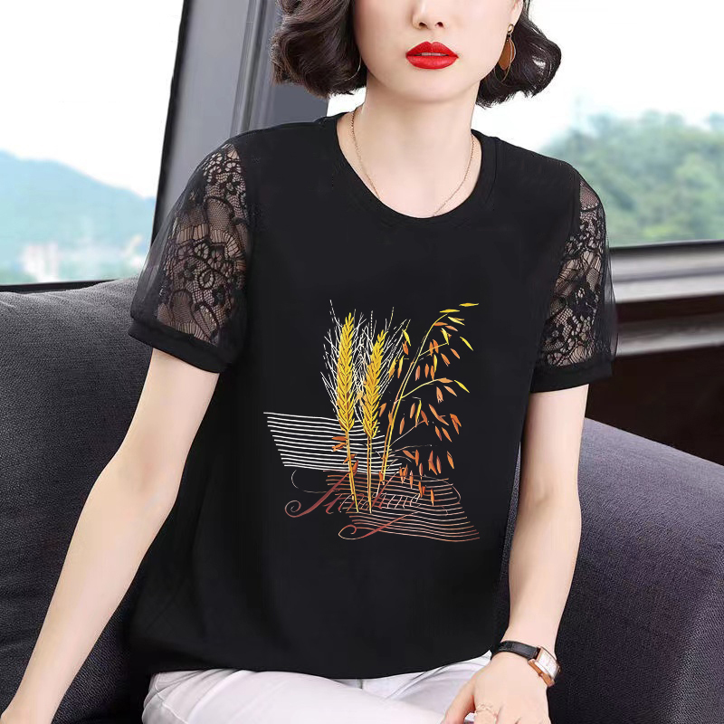 Black Short-Sleeved T-Shirt for Women, Summer 2023 New Style, Plus Size, Slimming, Loose, Lace Blouse for Moms