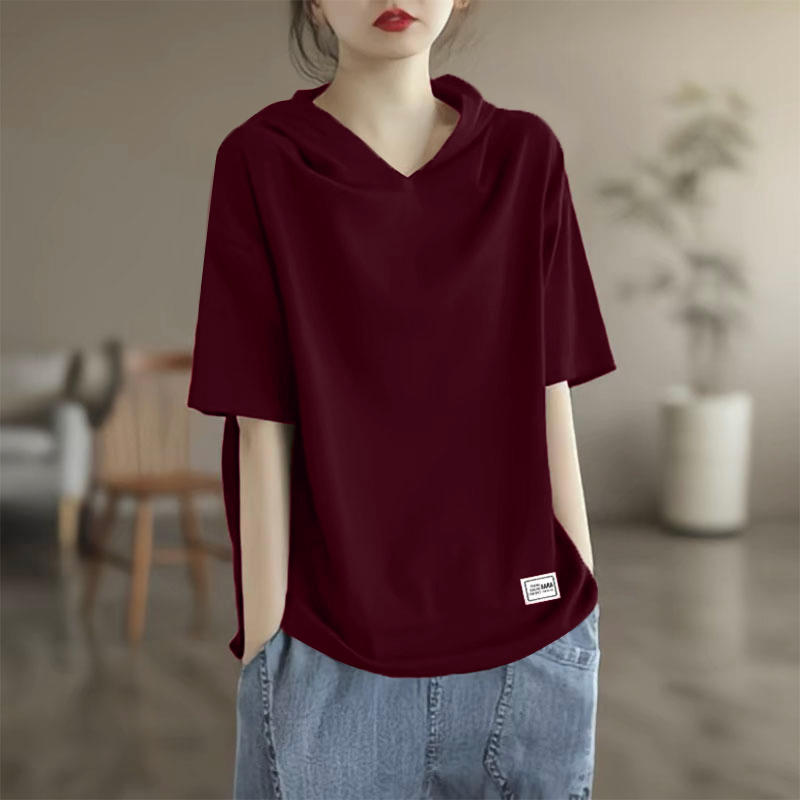 Burgundy Pure Cotton Short-Sleeved T-Shirt for Women, New Summer Korean Style, Large Size, Loose, Slimming, Versatile, Stylish Hooded Sweatshirt