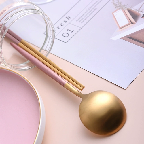 Золотая посуда из нержавеющей стали для домашнего использования, палочки для еды, комплект, розовое золото, 3 предмета
