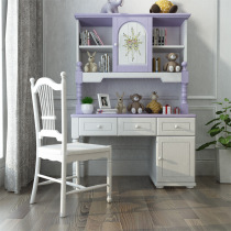 Full solid wood right angle desk with bookshelf pattern Korean study table Childrens table Purple white computer table Suite home