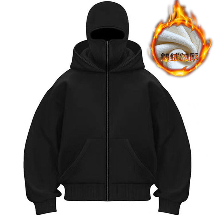 American-Style Balaclava Hooded Sweatshirt with Zipper for Men, Autumn and Winter, Fleece-Lined, Thickened, Double Hood, Social Anxiety, Thug Hoodie American-Style Balaclava Hooded Sweatshirt with Zipper for Men, Autumn and Winter, Fleece-Lined, Thickened, Double Hood, Social Anxiety, Thug Hoodie