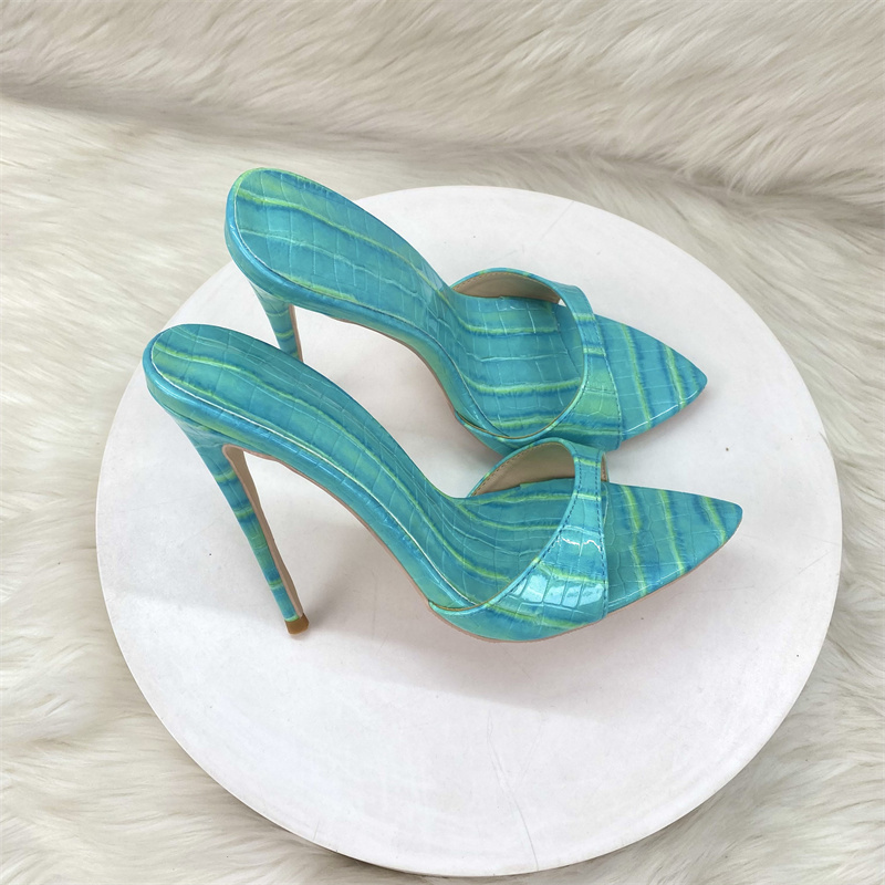 European and American New Style Turquoise Slippers, Celebrity High Heels, 12cm Pointed Toe Stiletto Heels, Shallow Mouth Sandals, Runway Show Shoes