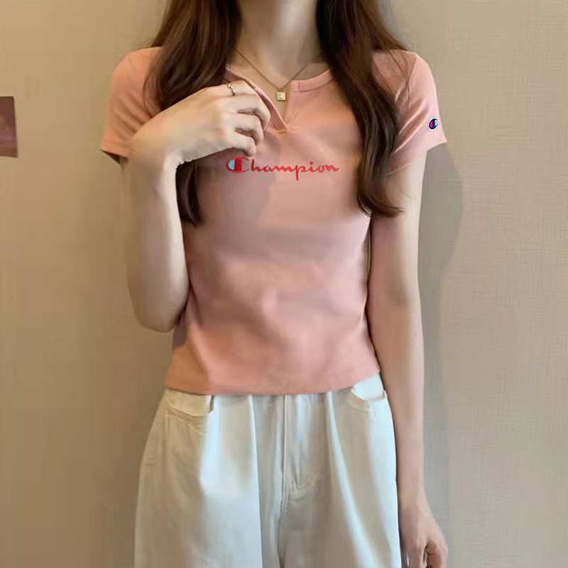 Japanese-Style Champion Embroidery Small V-Neck Short-Sleeve T-Shirt for Women, Summer Regular Shoulder Slim Fit Versatile Student Casual Top
