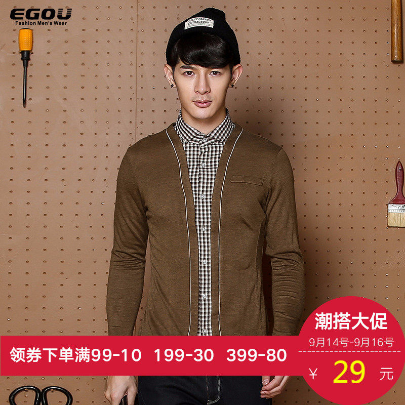 EGOU易构男士长袖T恤2016秋季新款衬衫领假两件长袖T恤潮50138-2