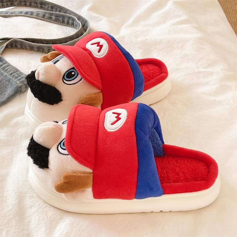 Japanese Mario Cotton Slippers for Women, Winter 2026 New Model, Indoor Non-Slip Closed-Toe Warm Plush Slippers for Men
