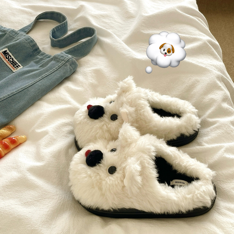 Fluffy and Adorable! Cute Dog ins Cartoon Plush Slippers for Women, Warm Winter Closed-Toe Cotton Slippers