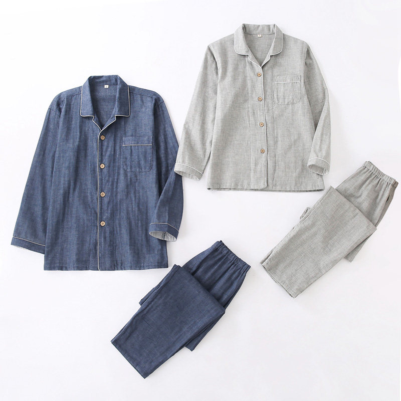 Pure cotton male and female lovers sleepwear spring summer thin section long sleeves long pants suit full cotton double layer gauze pure color brief