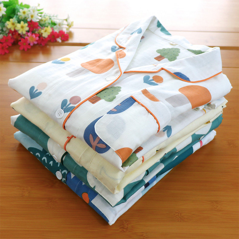 Secret Forest Lady Fresh Sleeping Clothes Spring Summer Thin long sleeves Long sleeves Long pants suit pure cotton double layer Yarn Printed Home Clothing