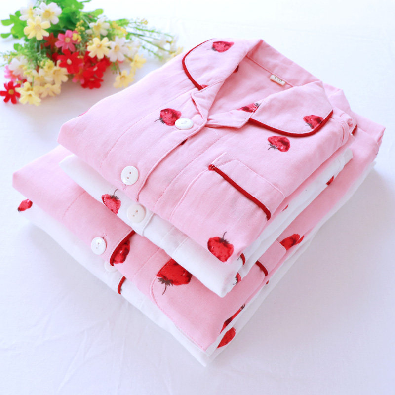 Pure cotton double gauze mother and daughter parent-child pajamas spring and summer thin refreshing breathable woven cotton strawberry long-sleeved loungewear