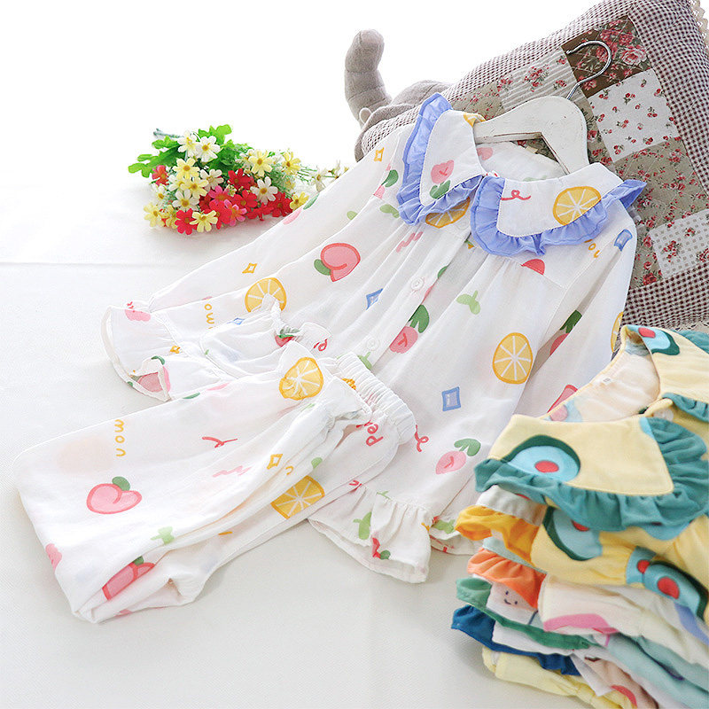 Doll Collar Girls Pajamas Spring Summer Long Sleeve Pants Set Soft Breathable Cotton Double Layer Gauze Cardigan Homewear