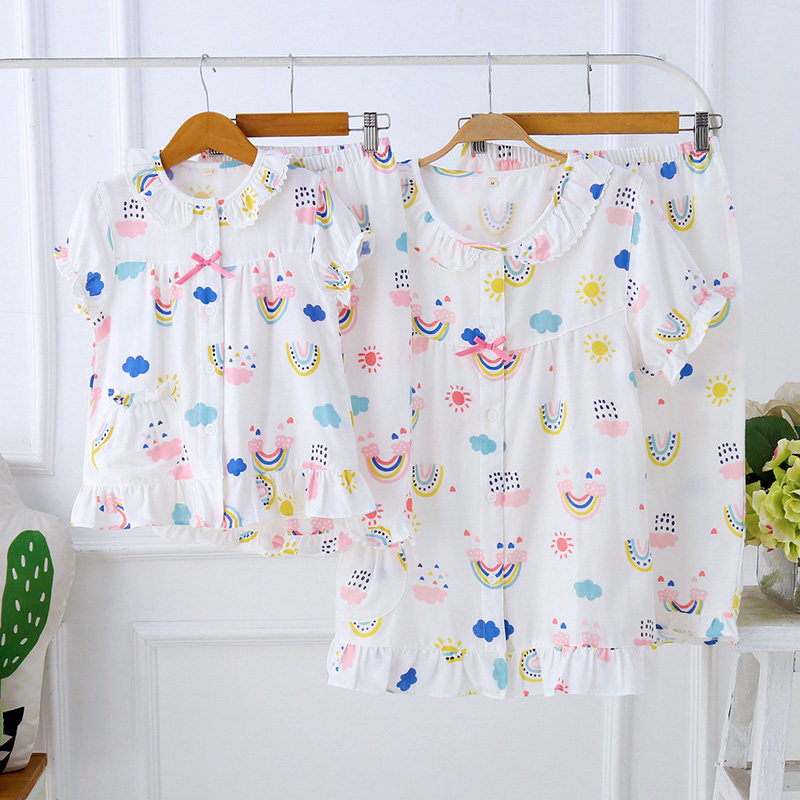 Rainbow mother-daughter pajamas summer thin cotton double-layer gauze mesh breathable girl baby home clothes