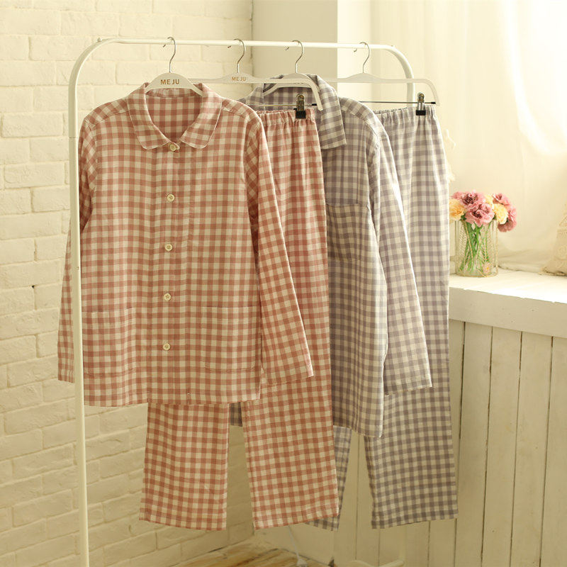 Spring and autumn pure cotton double-layer gauze men and women couple pajamas long-sleeved trousers set soft classic plaid home clothes