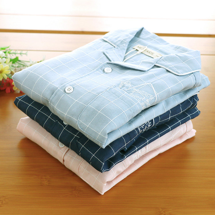 Handsome and embroidered floral Tired line checkered male and female children thin sleepwear spring summer full cotton double layer gauze long sleeve long pants suit