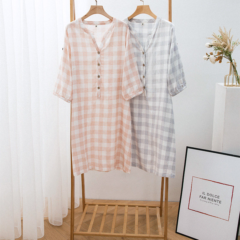 Summer slim Lady pure cotton double layer gauze 7 Sleeves Sleeping Skirt Minimalist Large V collar Semi-open cardiovert skirt