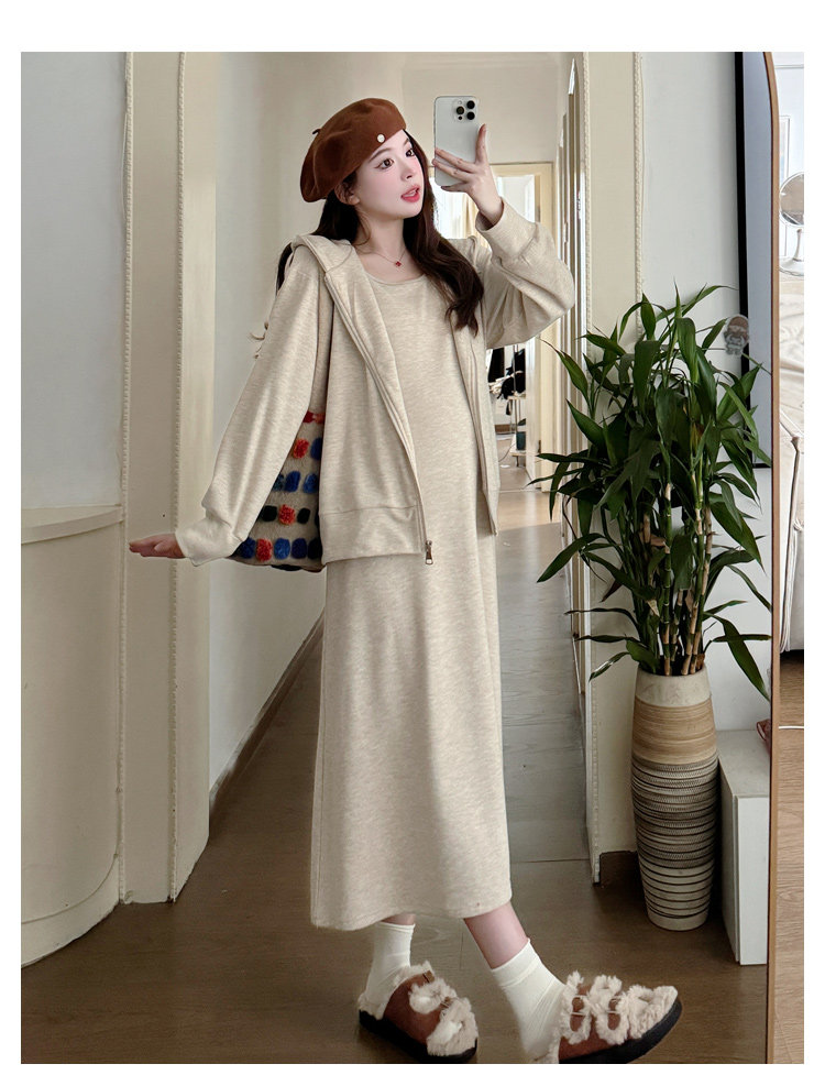 Maternity Suit Autumn Outfit 2026 New Style Loose Slimming Tank Dress Hooded Cardigan High-End Two-Piece Set for Pregnant Mothers — 15