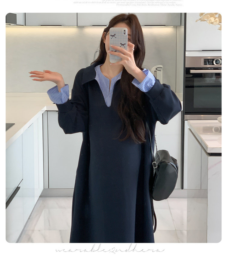孕妇连衣裙2026秋装高级感孕期不显怀条纹拼接假两件翻领上班裙子 — 12