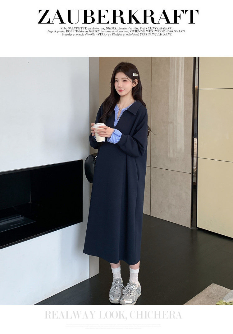 孕妇连衣裙2026秋装高级感孕期不显怀条纹拼接假两件翻领上班裙子 — 22
