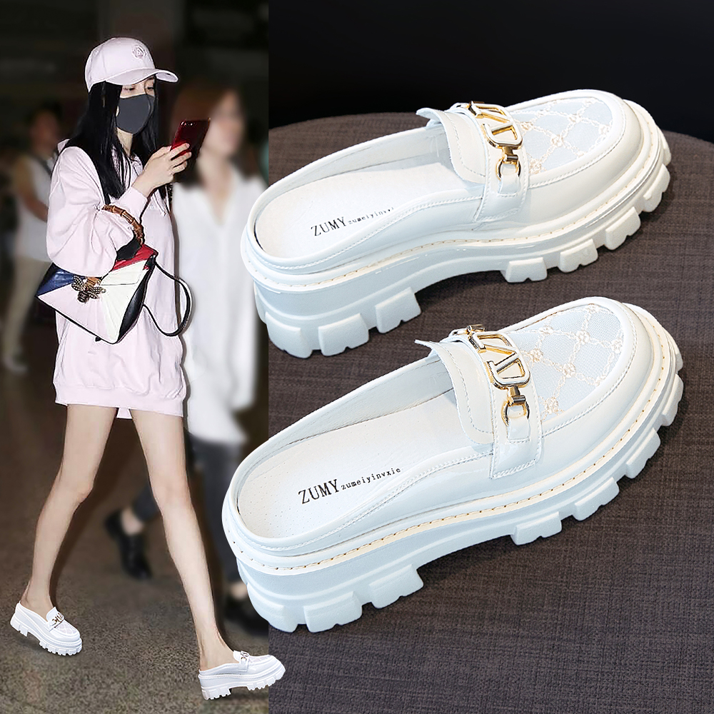 Net Yarn Small Leather Shoes Woman 2022 Summer new pine pastry thick bottom outside wearing lazy person Baotou Half slippers No heel shoes