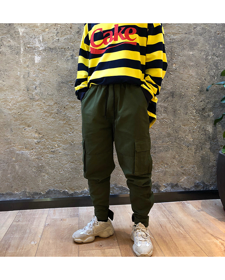 Phong cách Hồng Kông hiphop Mỹ overalls nam và nữ lỏng lẻo bf thẳng quần quần đường phố Harlan túi quần hip hop quần thể thao nam