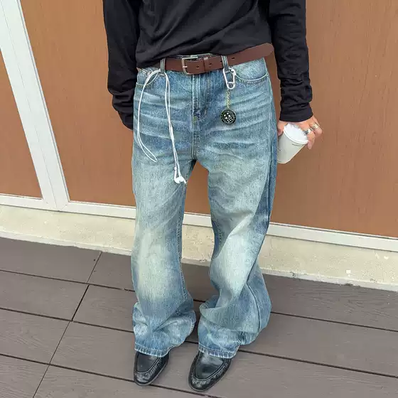 Fateegg American Retro Washed Vintage Whiskered A-Line Loose Straight Jeans High-Ounce Casual Long Pants for Men